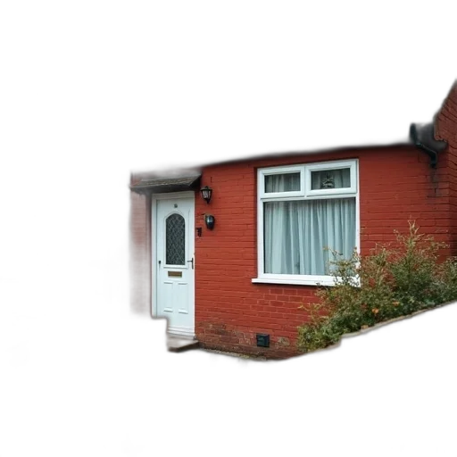building, 3d render, red, brick, house, white, door, window transparent PNG cut-out