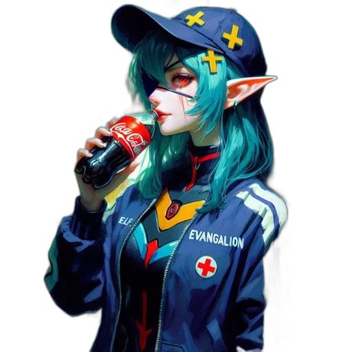 dragon, jacket, bottle, staff, anime, fantasy art, pixel art, cyberpunk transparent PNG cut-out