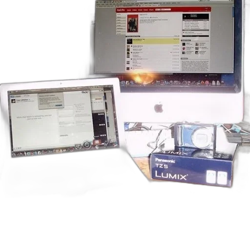 desk, laptop, monitor, panasonic, lumix, camera, box transparent PNG cut-out