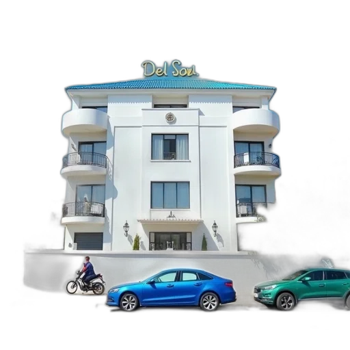 building, car, 3d render, concept art, photorealistic, city street, white, blue transparent PNG cut-out