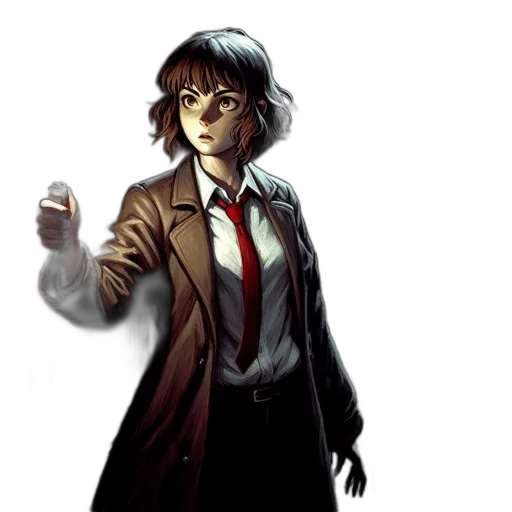 jacket, staff, face, concept art, comic book art, anime, pixel art, dark transparent PNG cut-out