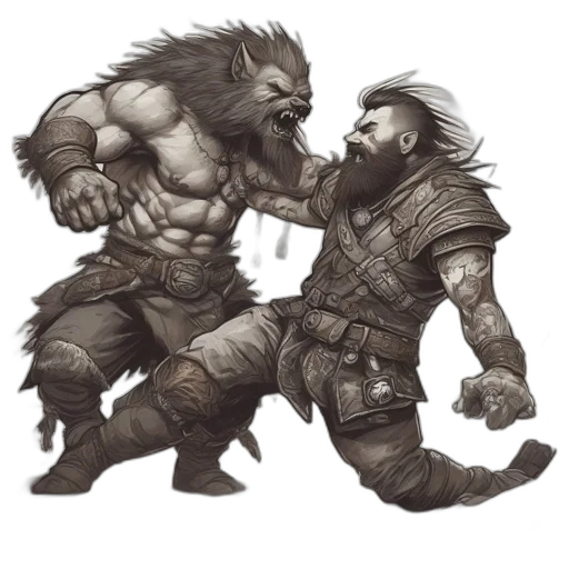 fantasy art, concept art, comic book art, pixel art, two, adversaries, bestial, figure transparent PNG cut-out