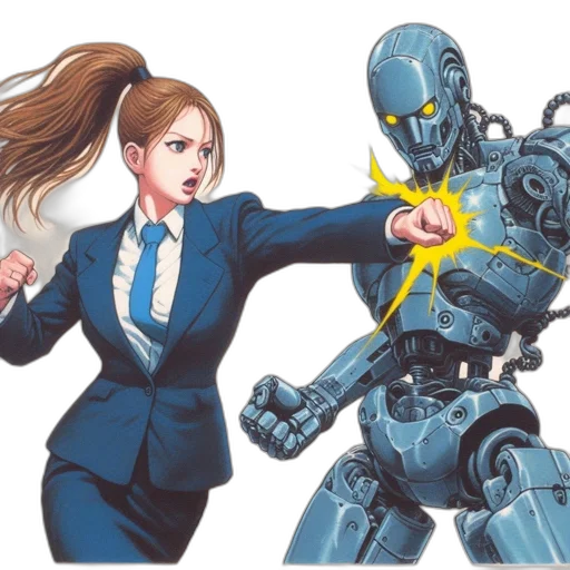 robot, concept art, comic book art, cyberpunk, determined, young, woman, blue transparent PNG cut-out