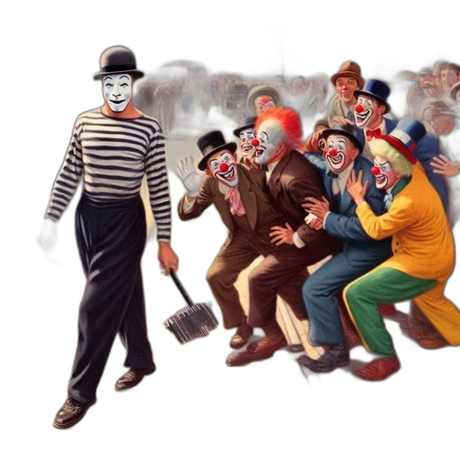mask, concept art, comic book art, city street, group, clowns, laugh, interact transparent PNG cut-out