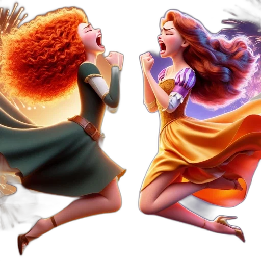 fantasy art, concept art, comic book art, 3d render, fire, two, animated, female transparent PNG cut-out