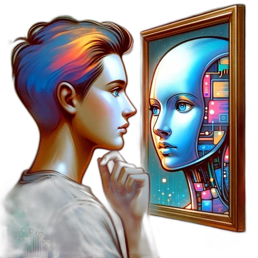 robot, face, cyberpunk, pixel art, vaporwave, concept art, neon lights, blue transparent PNG cut-out