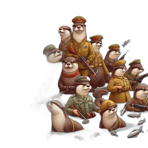 concept art, fantasy art, 3d render, snow, otters, military, attire, hold transparent PNG cut-out