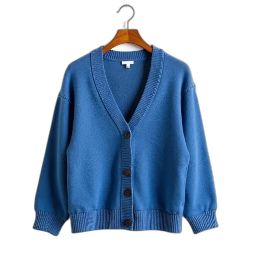 jacket, blue, cardigan, ribbed, collar, cuffs, displayed, wooden transparent PNG cut-out