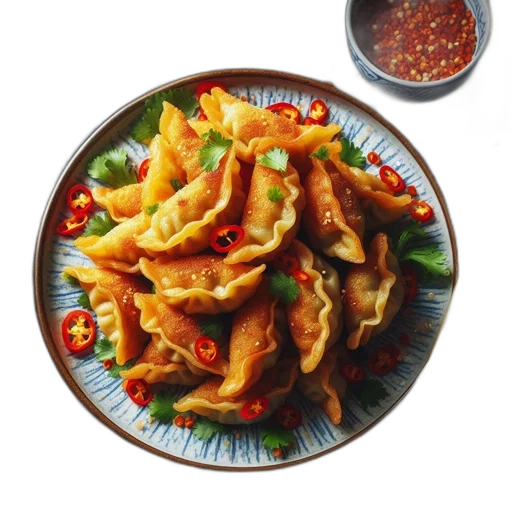food, photorealistic, colorful, image, shows, platter, golden-brown, dumplings transparent PNG cut-out