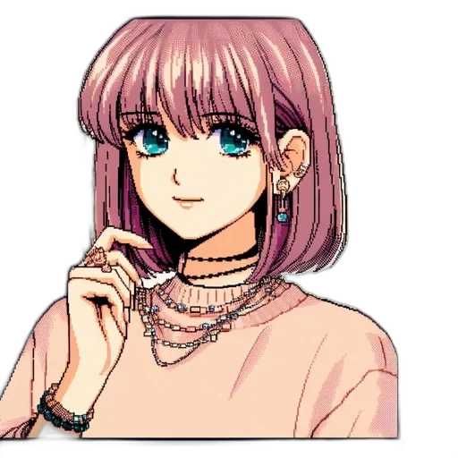 jewelry, face, staff, dress, pixel art, anime, vaporwave, cartoon transparent PNG cut-out