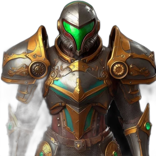 sword, mask, robot, weapon, concept art, fantasy art, 3d render, green transparent PNG cut-out