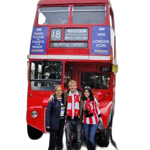 three, people, stand, front, red, double-decker, bus, number transparent PNG cut-out
