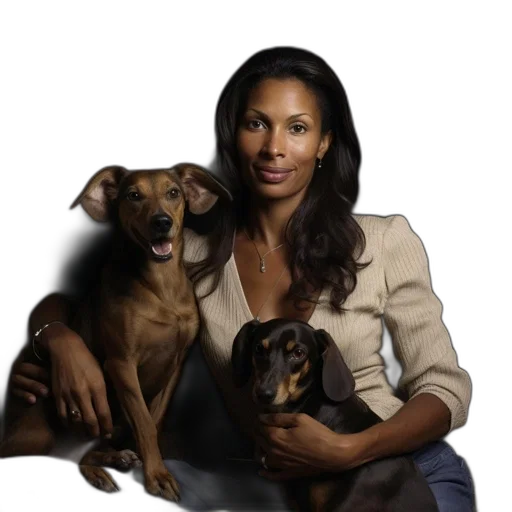 animal, photorealistic, woman, two, small, dogs, poses, warm transparent PNG cut-out