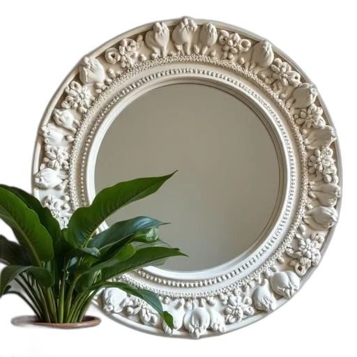 furniture, photorealistic, 3d render, circular, mirror, decorative, frame, featuring transparent PNG cut-out
