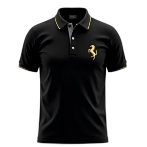 3d render, black, polo, shirt, gold, embroidered, logo, left transparent PNG cut-out
