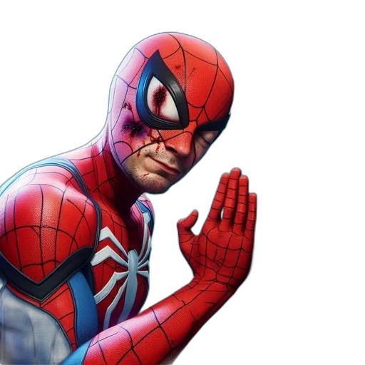 mask, comic book art, concept art, 3d render, photorealistic, spider-man, leans, against transparent PNG cut-out