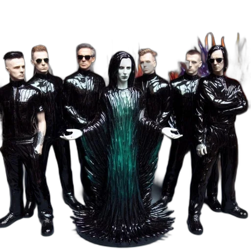 concept art, six, men, black, glossy, outfits, stand, room transparent PNG cut-out