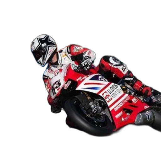 photorealistic, motorcycle, racer, red, white, suit, leans, into transparent PNG cut-out