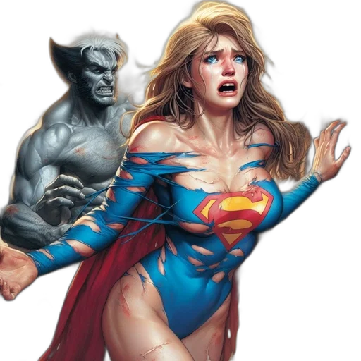comic book art, concept art, fantasy art, superman-costumed, woman, faces, intimidation, two transparent PNG cut-out