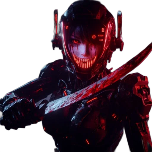 robot, weapon, staff, cyberpunk, concept art, pixel art, 3d render, red transparent PNG cut-out