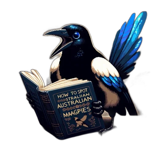 fantasy art, magpie, perched, table, library, reading, book, about transparent PNG cut-out