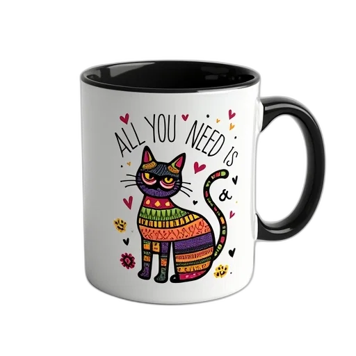 white, ceramic, mug, black, handle, colorful, cat, illustration transparent PNG cut-out