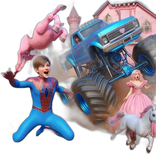 car, concept art, 3d render, young, boy, spider-man, attire, surrounded transparent PNG cut-out