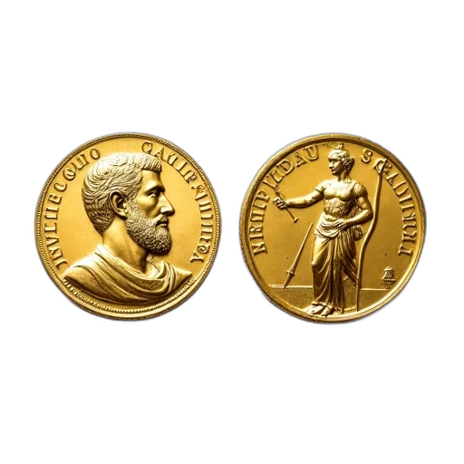 two, gold, coins, portrait, man, left, figure, sword transparent PNG cut-out