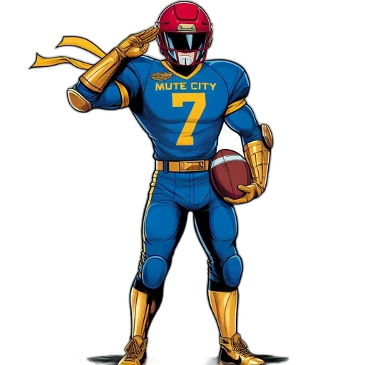 comic book art, animated, football, player, blue, jersey, name, mute transparent PNG cut-out