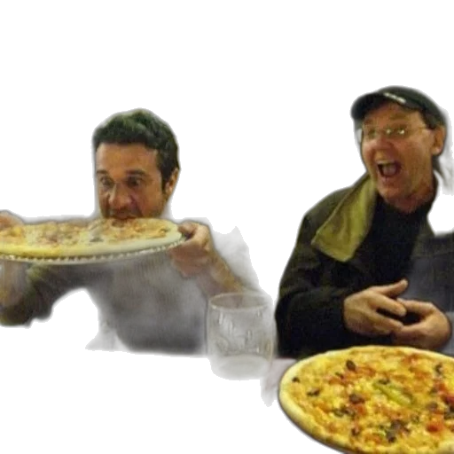 food, fire, two, men, eating, pizza, restaurant, sign transparent PNG cut-out