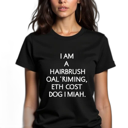 hair, woman, wearing, black, t-shirt, humorous, slogan, reads transparent PNG cut-out