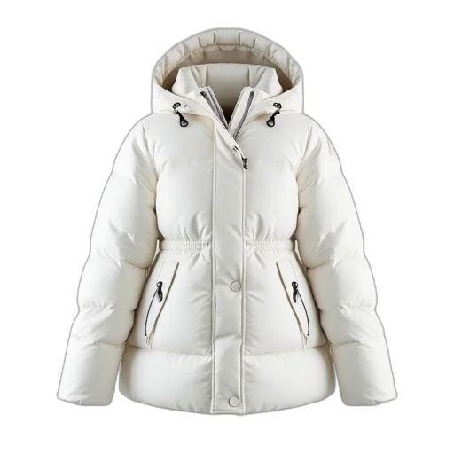 jacket, white, down, detlock, collar, cuffs, hood transparent PNG cut-out