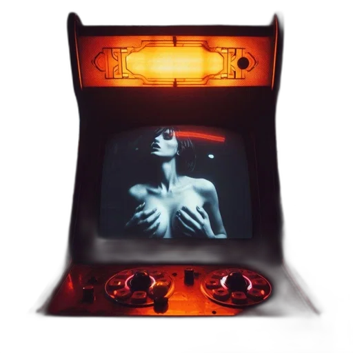 furniture, concept art, cyberpunk, photorealistic, 3d render, arcade, scene, features transparent PNG cut-out