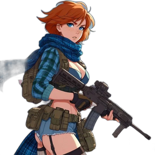 weapon, jacket, concept art, pixel art, anime, comic book art, blue, female transparent PNG cut-out