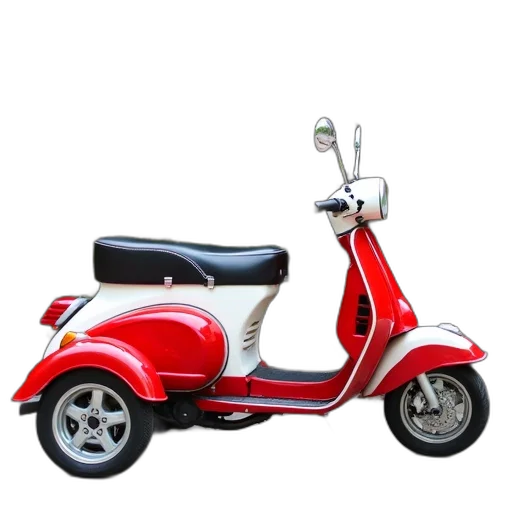 car, 3d render, photorealistic, red, white, three-wheeled, scooter, sidecar transparent PNG cut-out