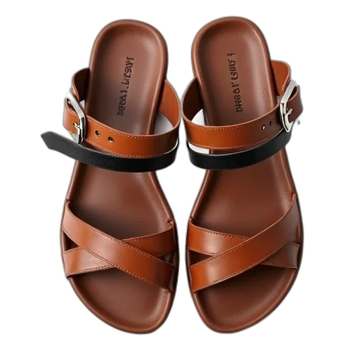 shoes, pair, brown, leather, sandals, metallic, buckle, black transparent PNG cut-out
