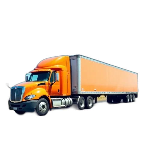 photorealistic, concept art, 3d render, large, orange, white, semi-truck, driving transparent PNG cut-out
