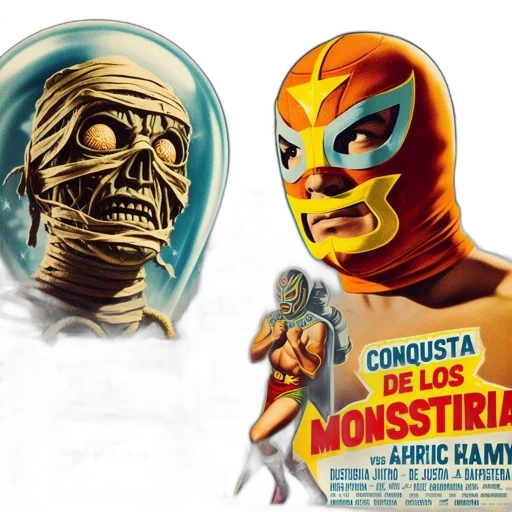 mask, comic book art, concept art, retro-style, poster, shows, mummy-like, creature transparent PNG cut-out