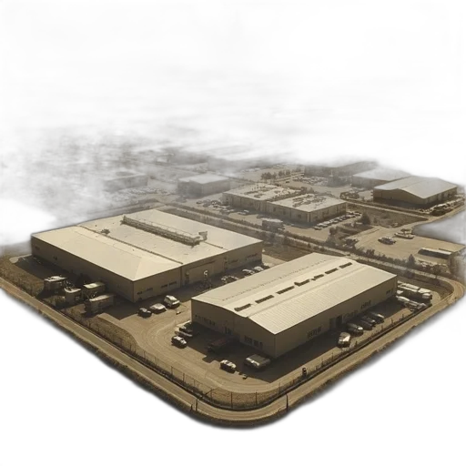 3d render, concept art, aerial, view, large, industrial, complex, multiple transparent PNG cut-out