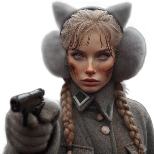 weapon, staff, jacket, face, concept art, photorealistic, fantasy art, 3d render transparent PNG cut-out