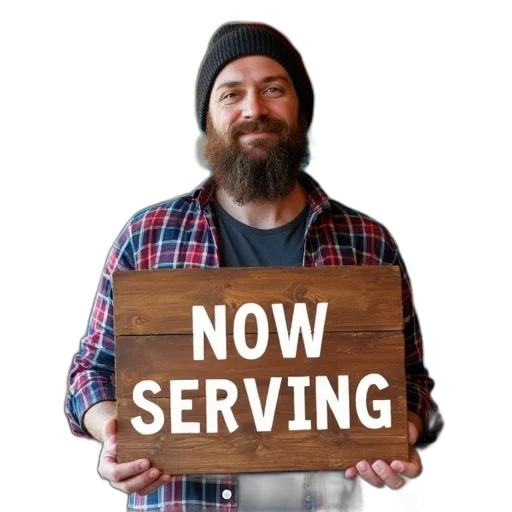 staff, man, beard, beanie, holding, sign, reads, now transparent PNG cut-out