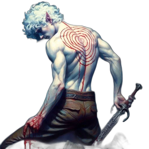 sword, weapon, concept art, fantasy art, cyberpunk, comic book art, red, man transparent PNG cut-out