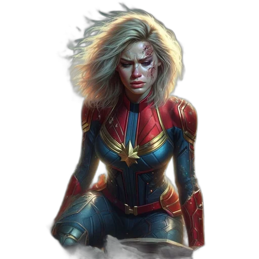 comic book art, concept art, fantasy art, photorealistic, captain, marvel, seemingly, injured transparent PNG cut-out