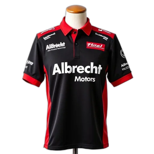 black, red, racing, shirt, words, albrecht, motors, front transparent PNG cut-out