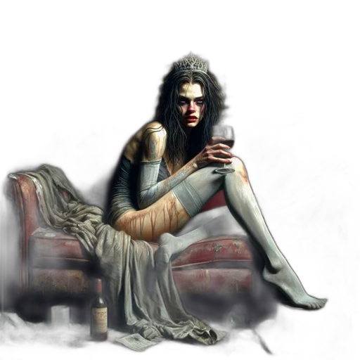 dress, fantasy art, concept art, photorealistic, comic book art, woman, distress, cluttered transparent PNG cut-out