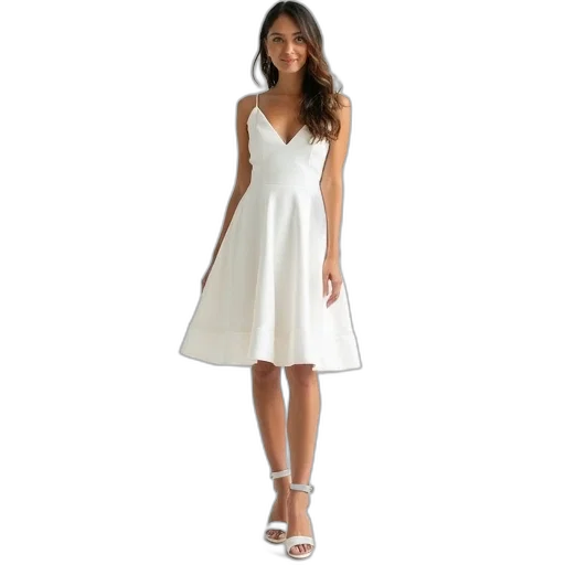 dress, monochrome, woman, standing, white, fitted, bodice, flared transparent PNG cut-out