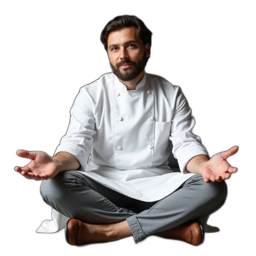 staff, food, chef, white, uniform, open, apron, sits transparent PNG cut-out