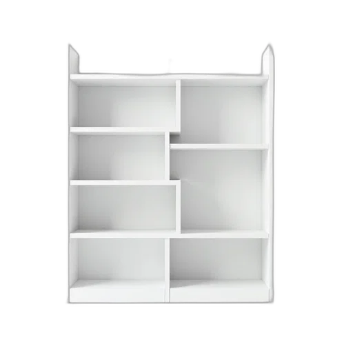 furniture, 3d render, photorealistic, monochrome, sleek, modern, white, shelving transparent PNG cut-out