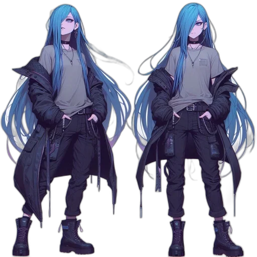 jacket, concept art, fantasy art, anime, cyberpunk, blue, dark, monochrome transparent PNG cut-out
