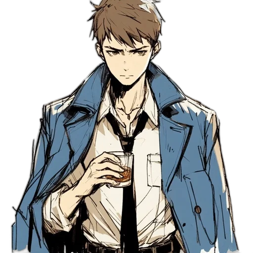 jacket, staff, weapon, cartoon, anime, concept art, comic book art, blue transparent PNG cut-out
